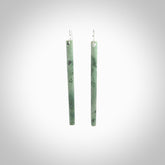 Hand crafted New Zealand Jade Inanga Jade drop earrings with Sterling Silver Hooks. Jade drop earrings, packaged in a woven kete pouch.